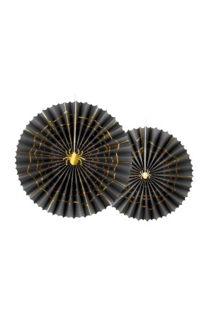 2 Abanicos de papel decorativos negros con araña dorada (32-40 cm) - Trick or Treat Collection