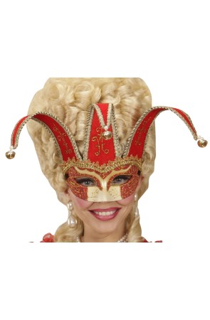 Máscara Veneciana color Roja decorada glitter oro